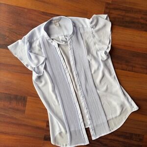 HM Light Blue Pleated Flutter Sleeve Button Up Blouse Top Size 4 Mandarin Collar